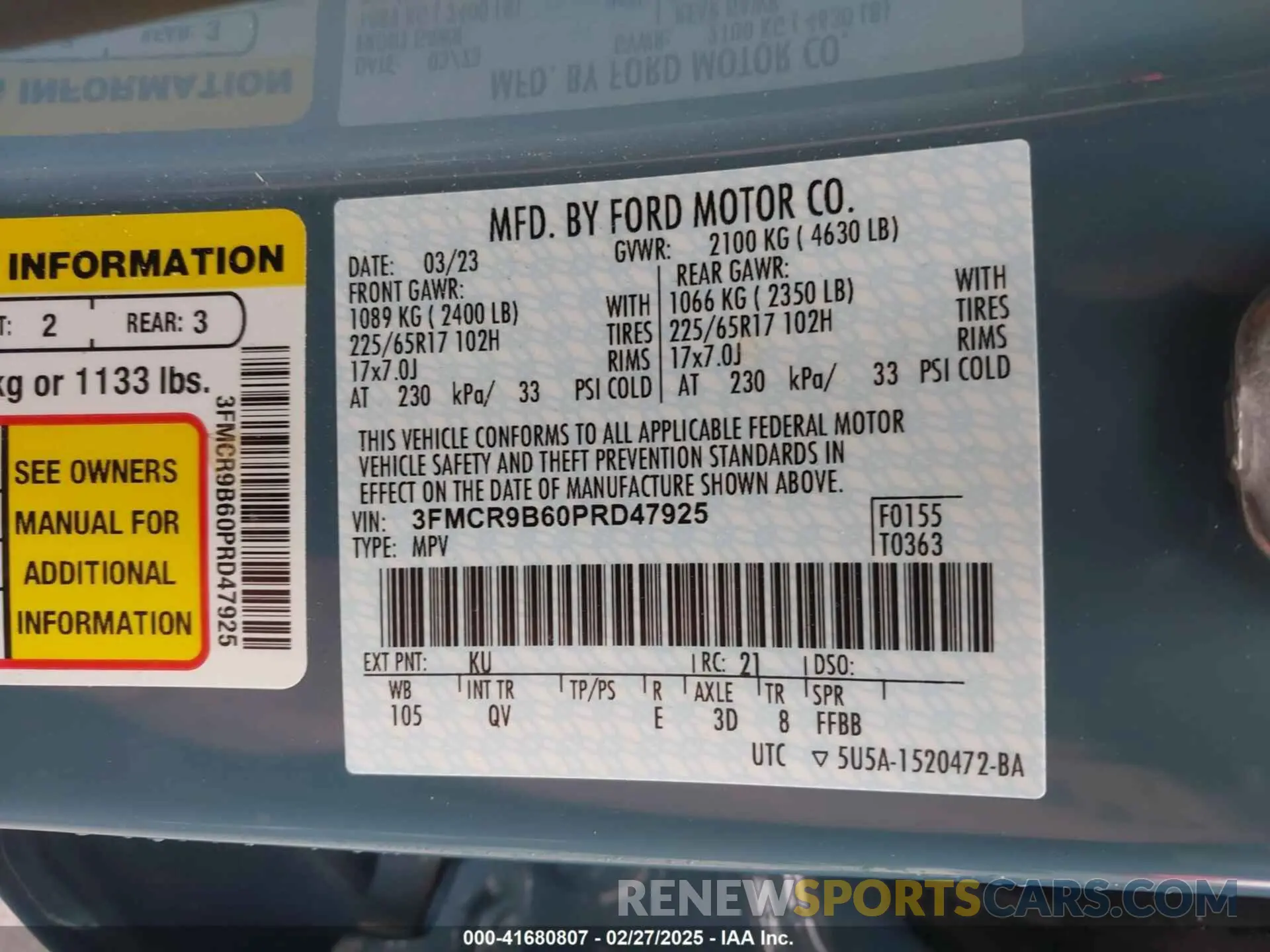 9 fotografías del automóvil dañado 3FMCR9B60PRD47925 FORD BRONCO SPORT 2023