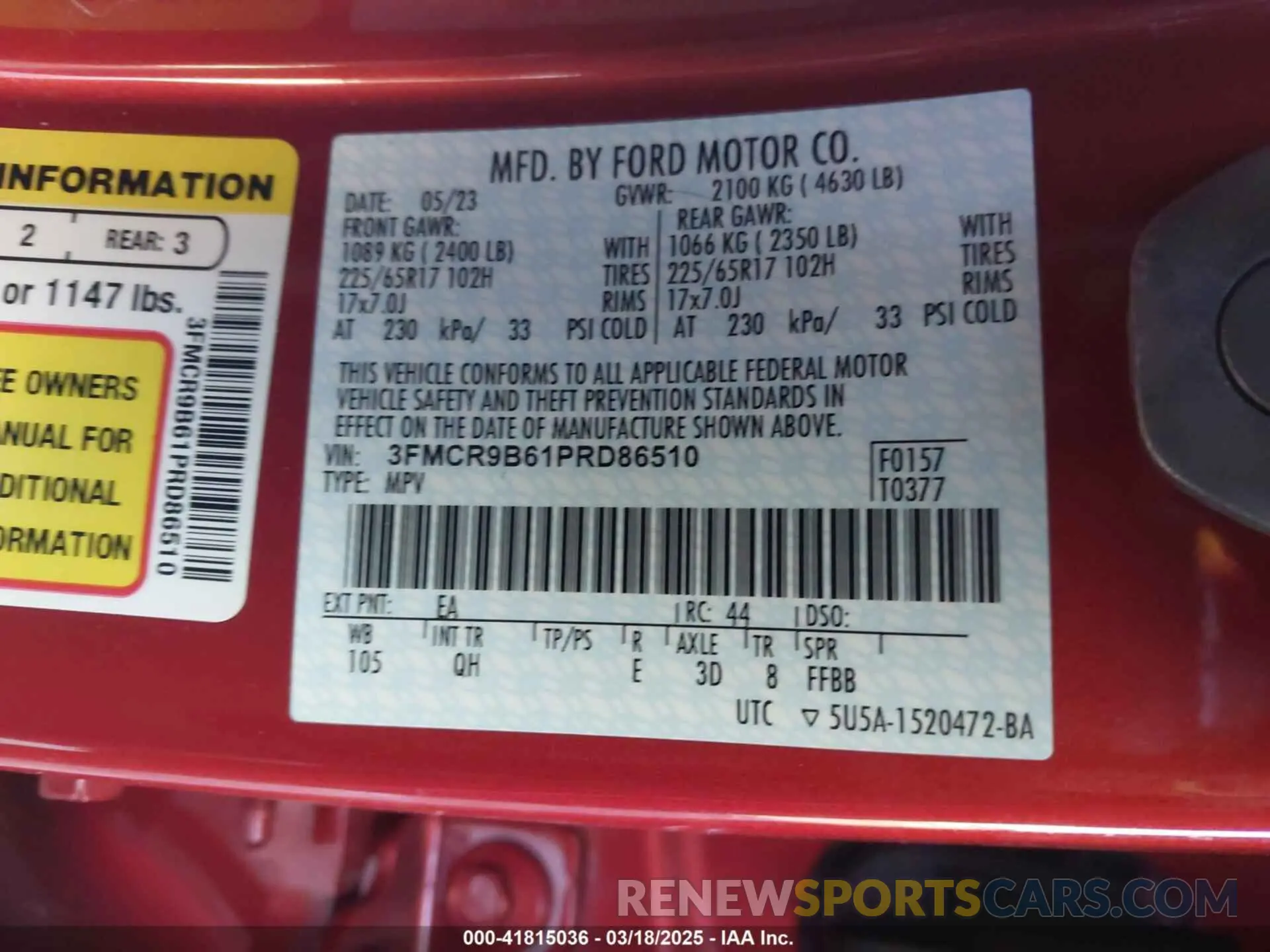 9 fotografías del automóvil dañado 3FMCR9B61PRD86510 FORD BRONCO SPORT 2023