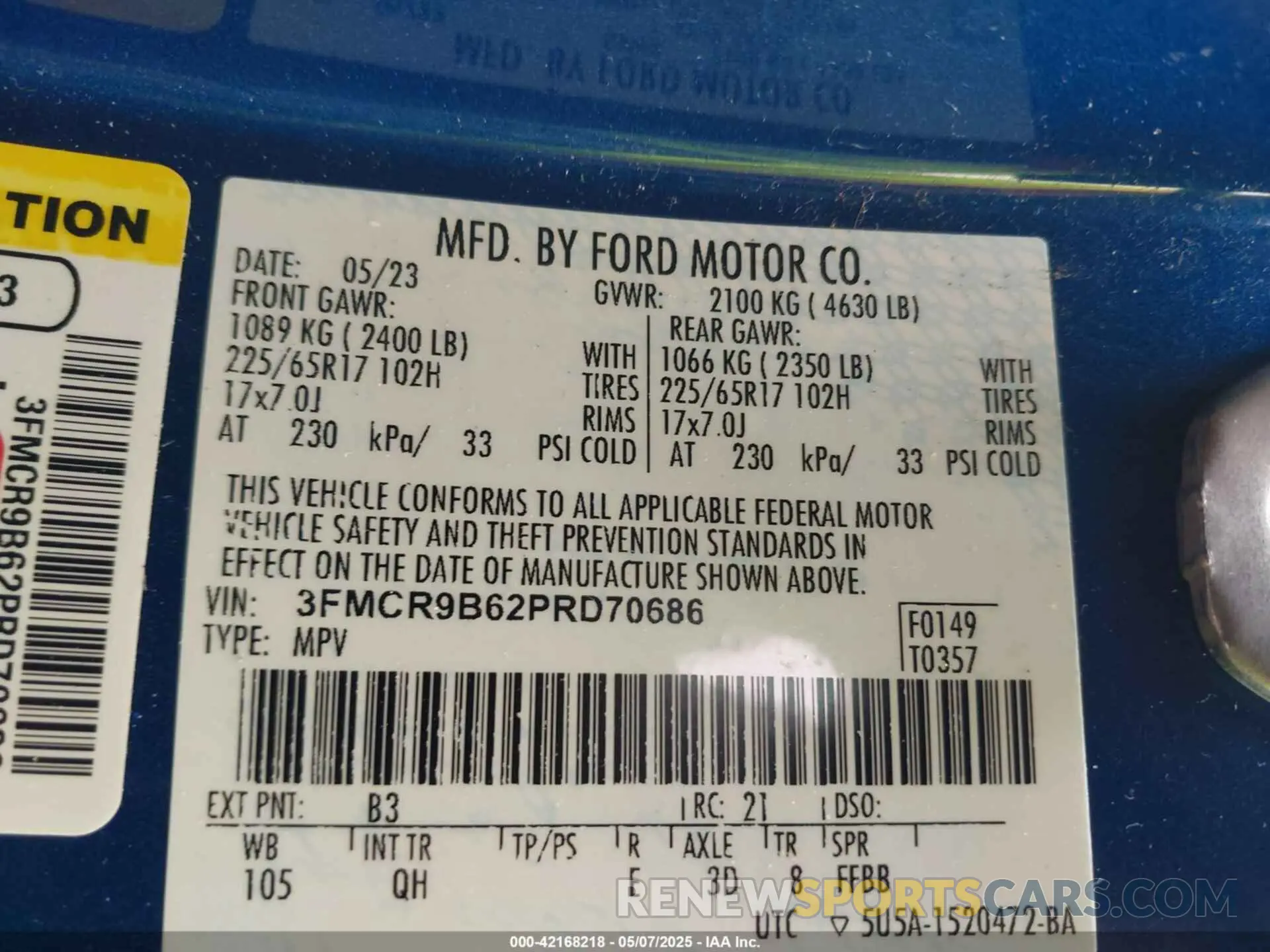 9 fotografías del automóvil dañado 3FMCR9B62PRD70686 FORD BRONCO SPORT 2023