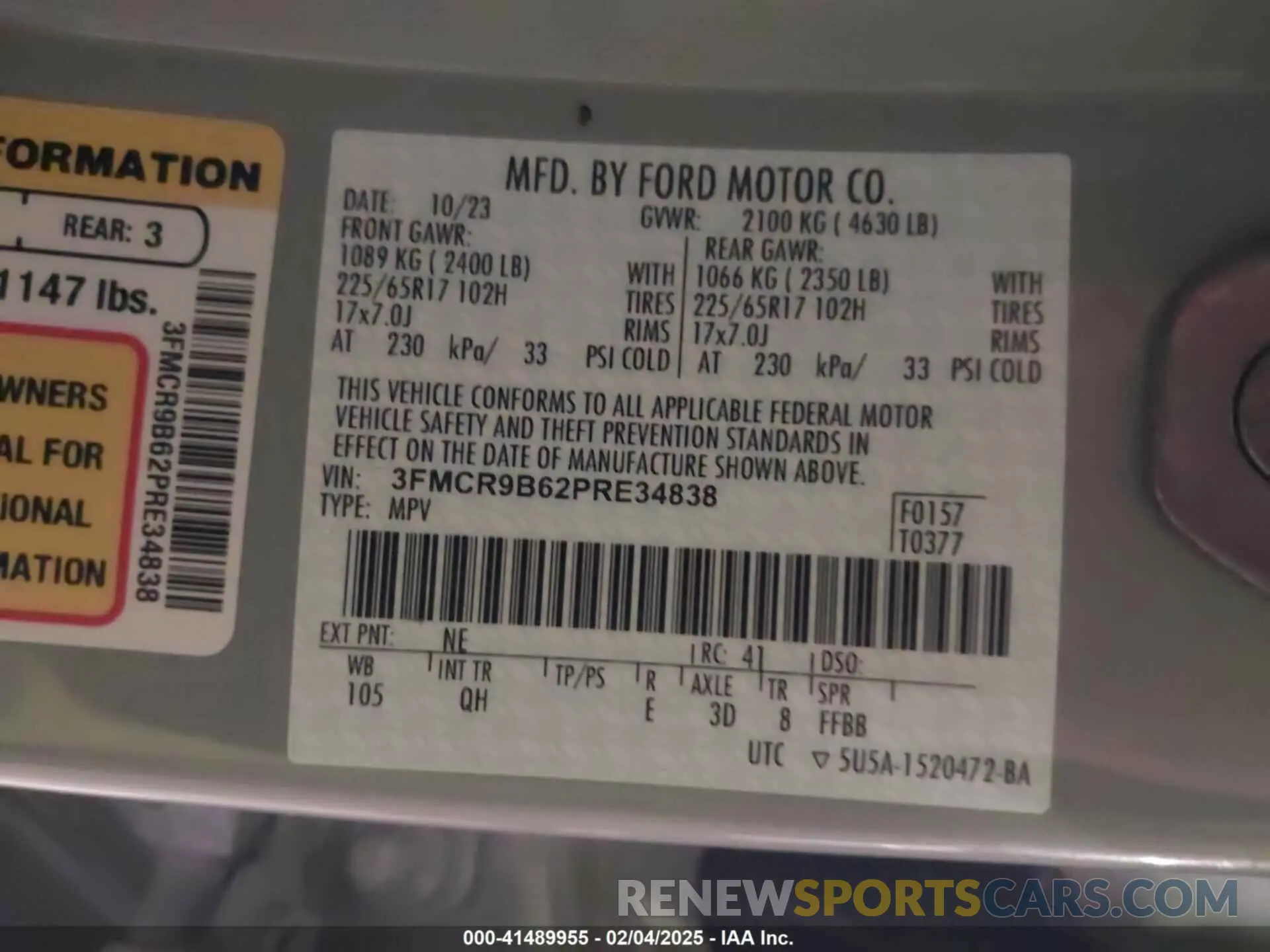 9 fotografías del automóvil dañado 3FMCR9B62PRE34838 FORD BRONCO SPORT 2023