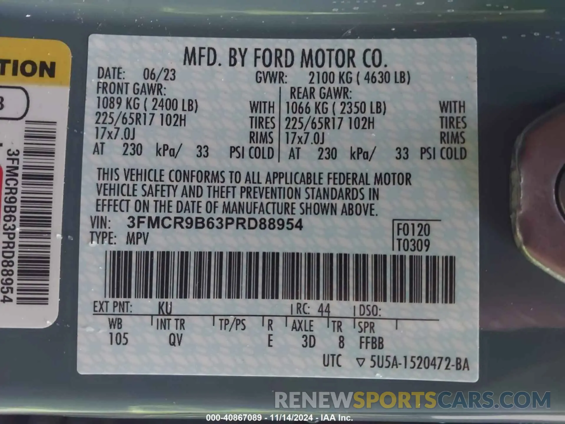 9 fotografías del automóvil dañado 3FMCR9B63PRD88954 FORD BRONCO SPORT 2023