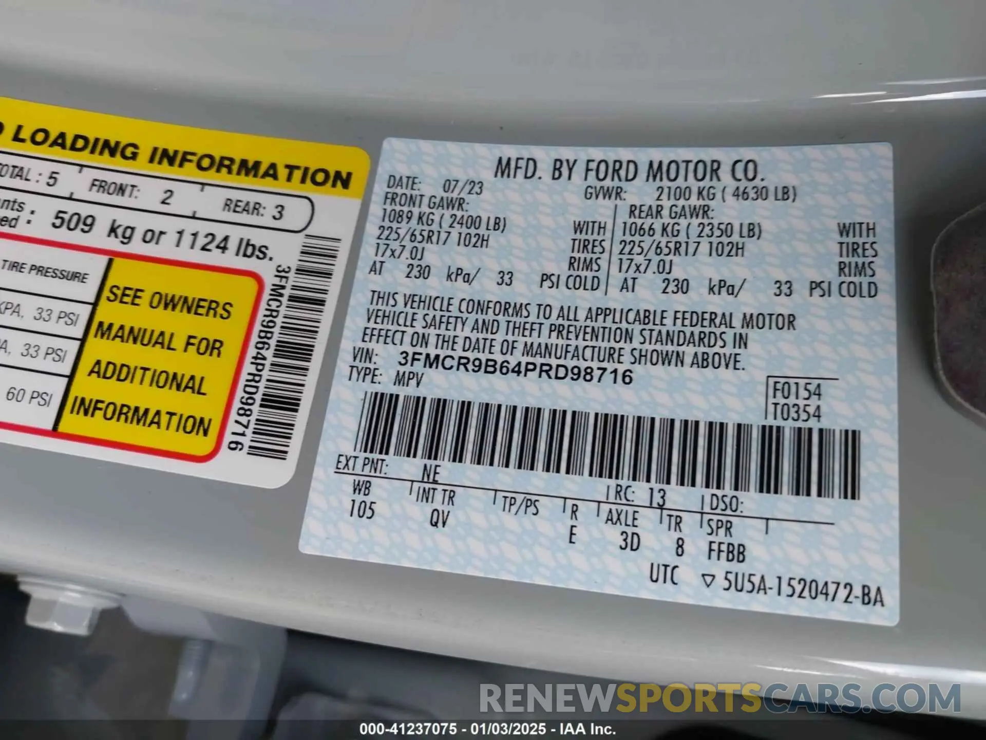 9 fotografías del automóvil dañado 3FMCR9B64PRD98716 FORD BRONCO SPORT 2023