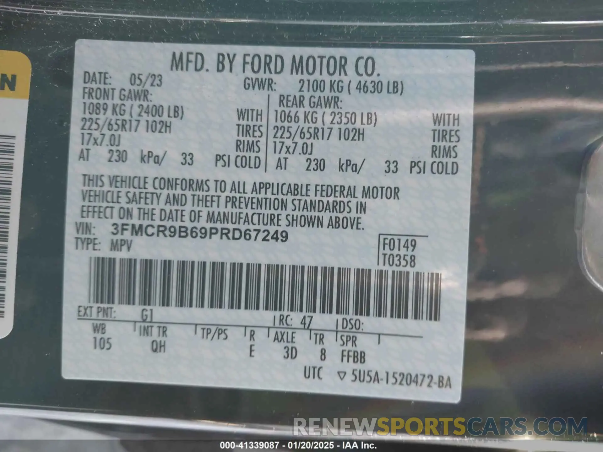 9 fotografías del automóvil dañado 3FMCR9B69PRD67249 FORD BRONCO SPORT 2023