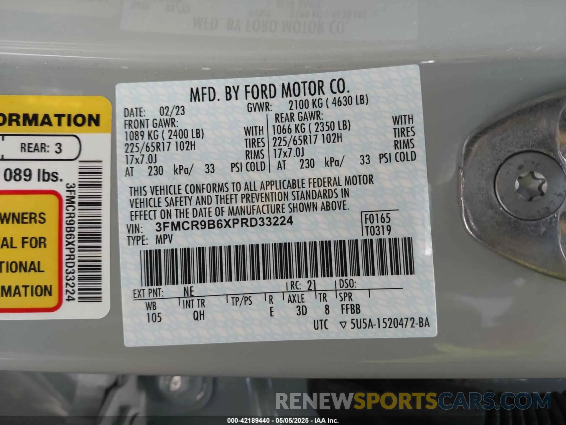 9 fotografías del automóvil dañado 3FMCR9B6XPRD33224 FORD BRONCO SPORT 2023