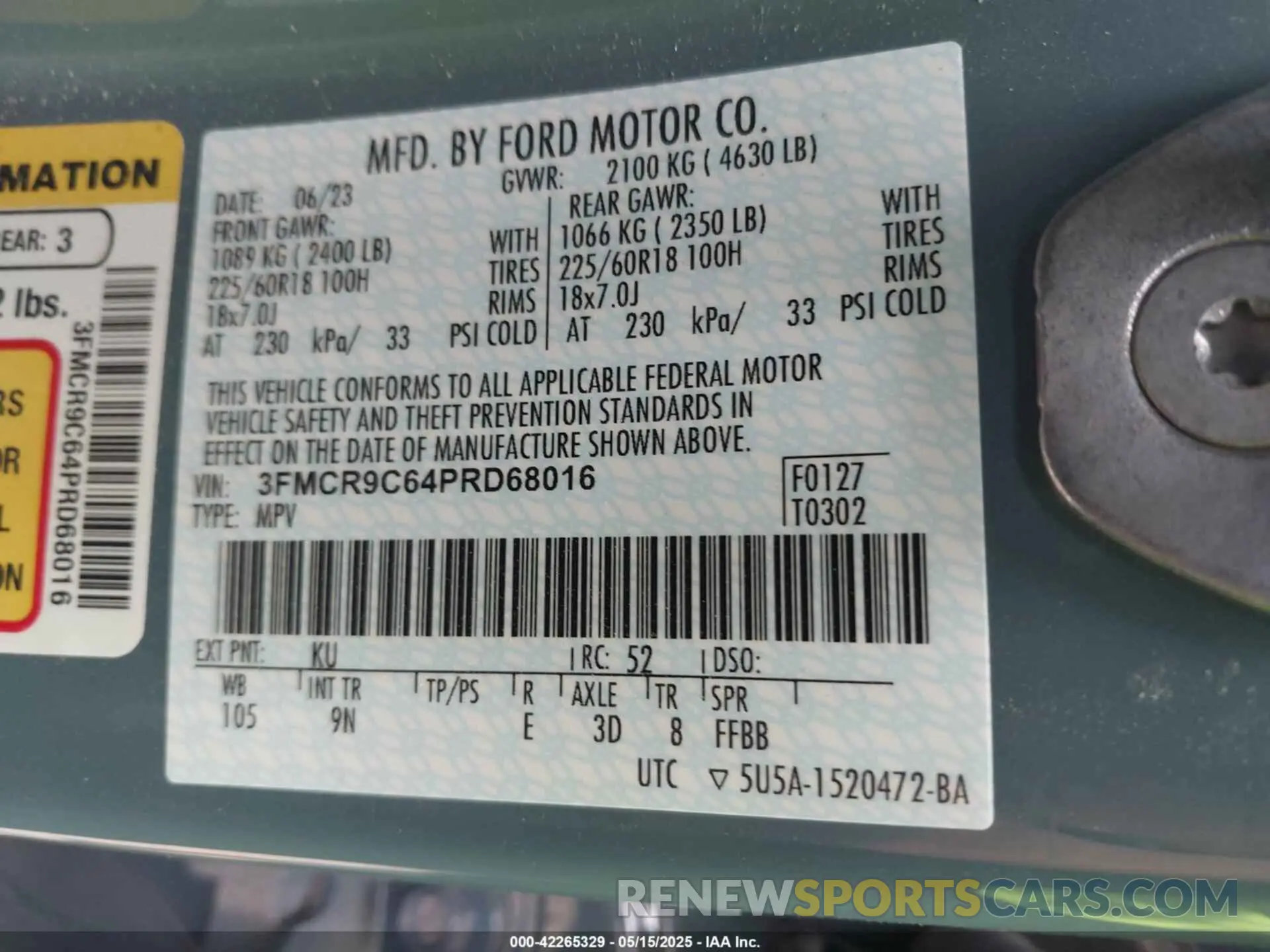 9 fotografías del automóvil dañado 3FMCR9C64PRD68016 FORD BRONCO SPORT 2023