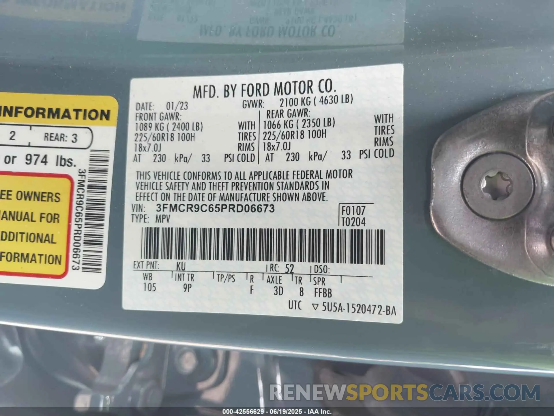 9 fotografías del automóvil dañado 3FMCR9C65PRD06673 FORD BRONCO SPORT 2023