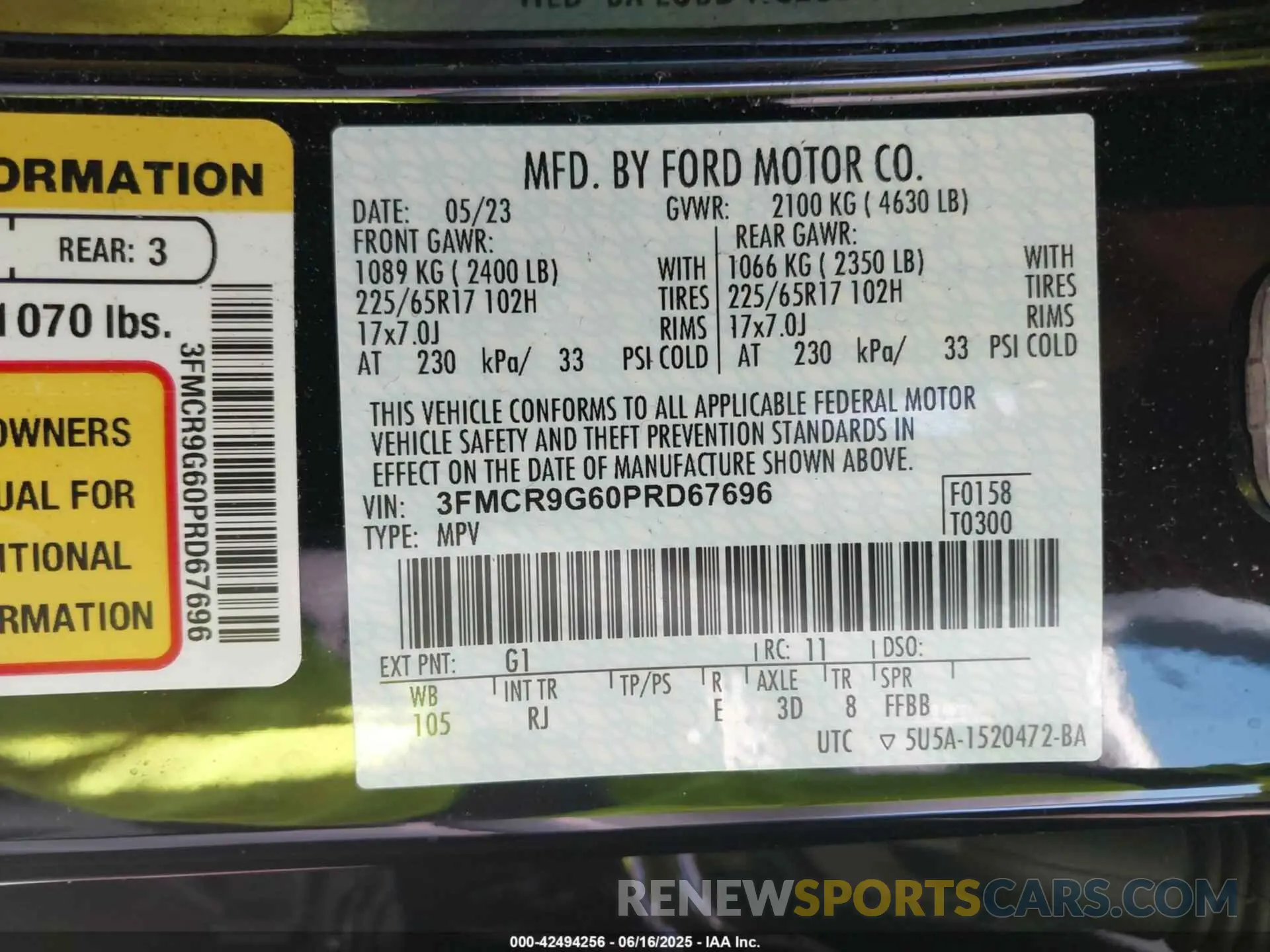 9 fotografías del automóvil dañado 3FMCR9G60PRD67696 FORD BRONCO SPORT 2023