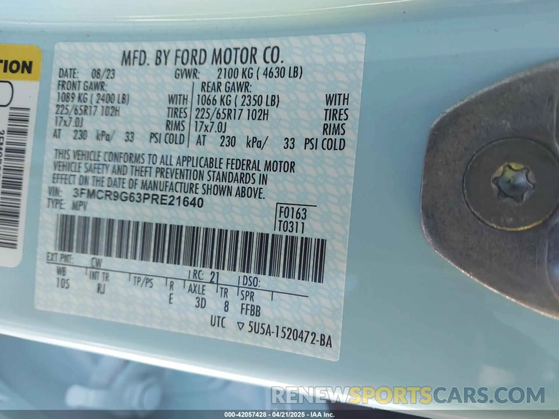 9 fotografías del automóvil dañado 3FMCR9G63PRE21640 FORD BRONCO SPORT 2023