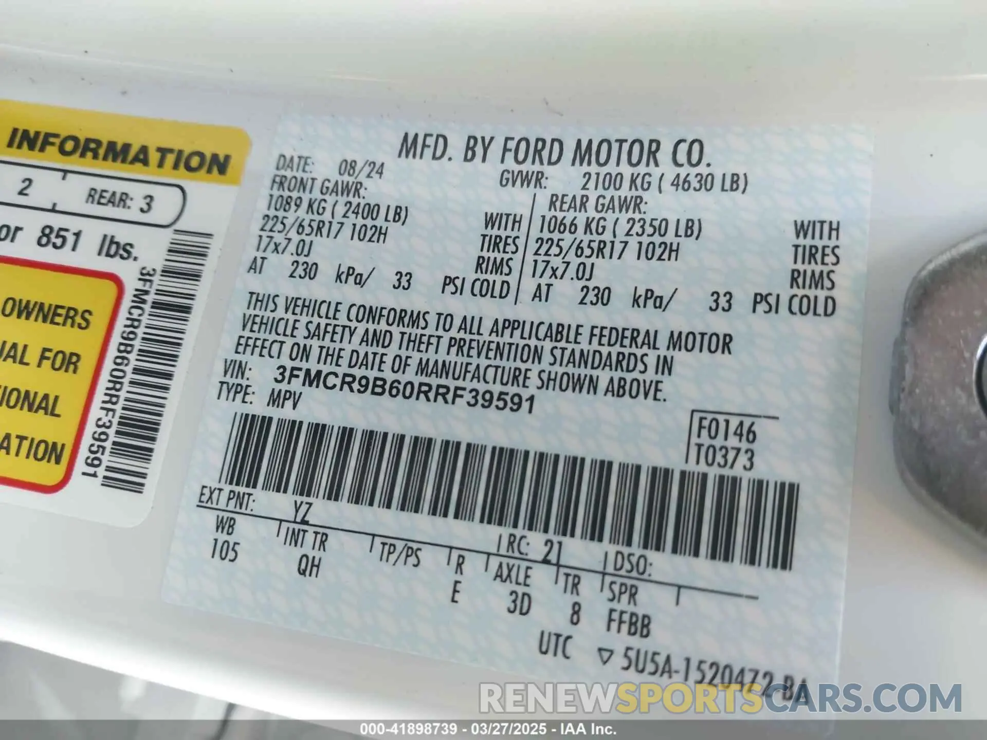 9 fotografías del automóvil dañado 3FMCR9B60RRF39591 FORD BRONCO SPORT 2024