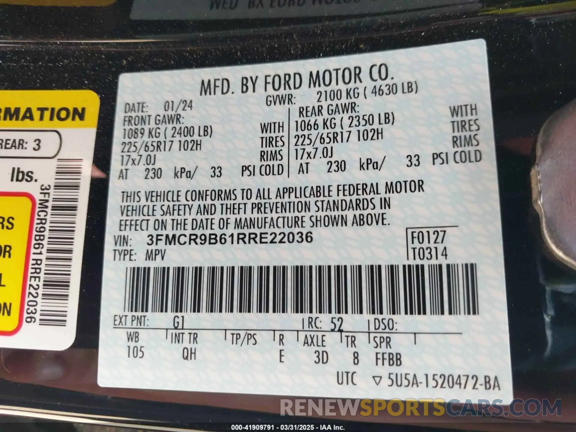 9 fotografías del automóvil dañado 3FMCR9B61RRE22036 FORD BRONCO SPORT 2024