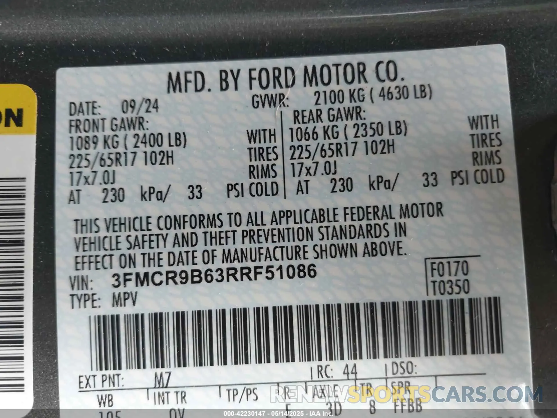 9 fotografías del automóvil dañado 3FMCR9B63RRF51086 FORD BRONCO SPORT 2024