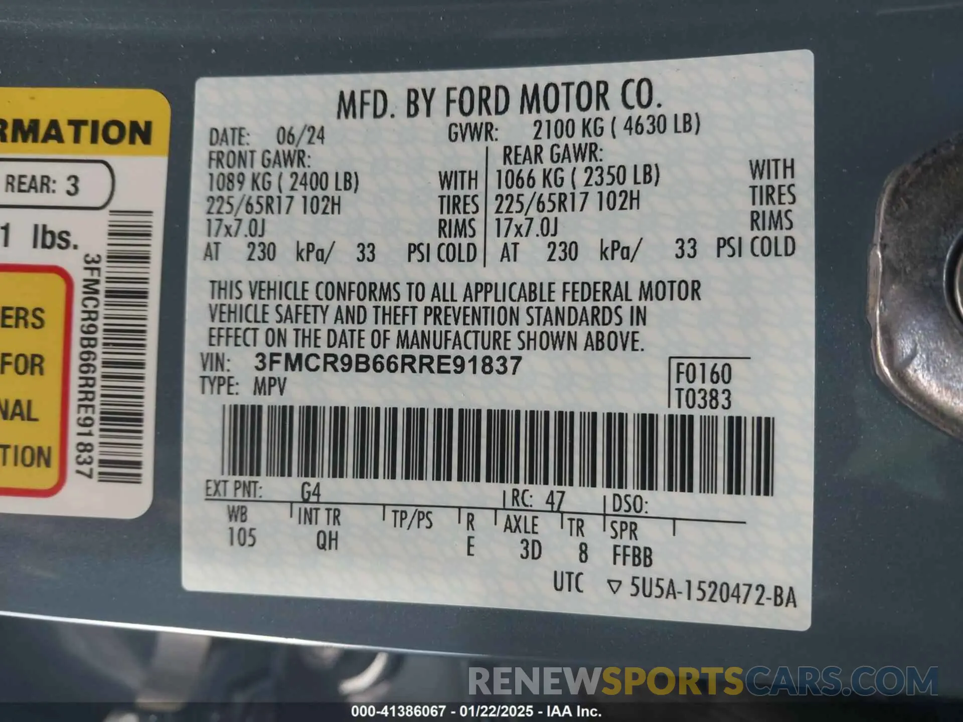 9 fotografías del automóvil dañado 3FMCR9B66RRE91837 FORD BRONCO SPORT 2024