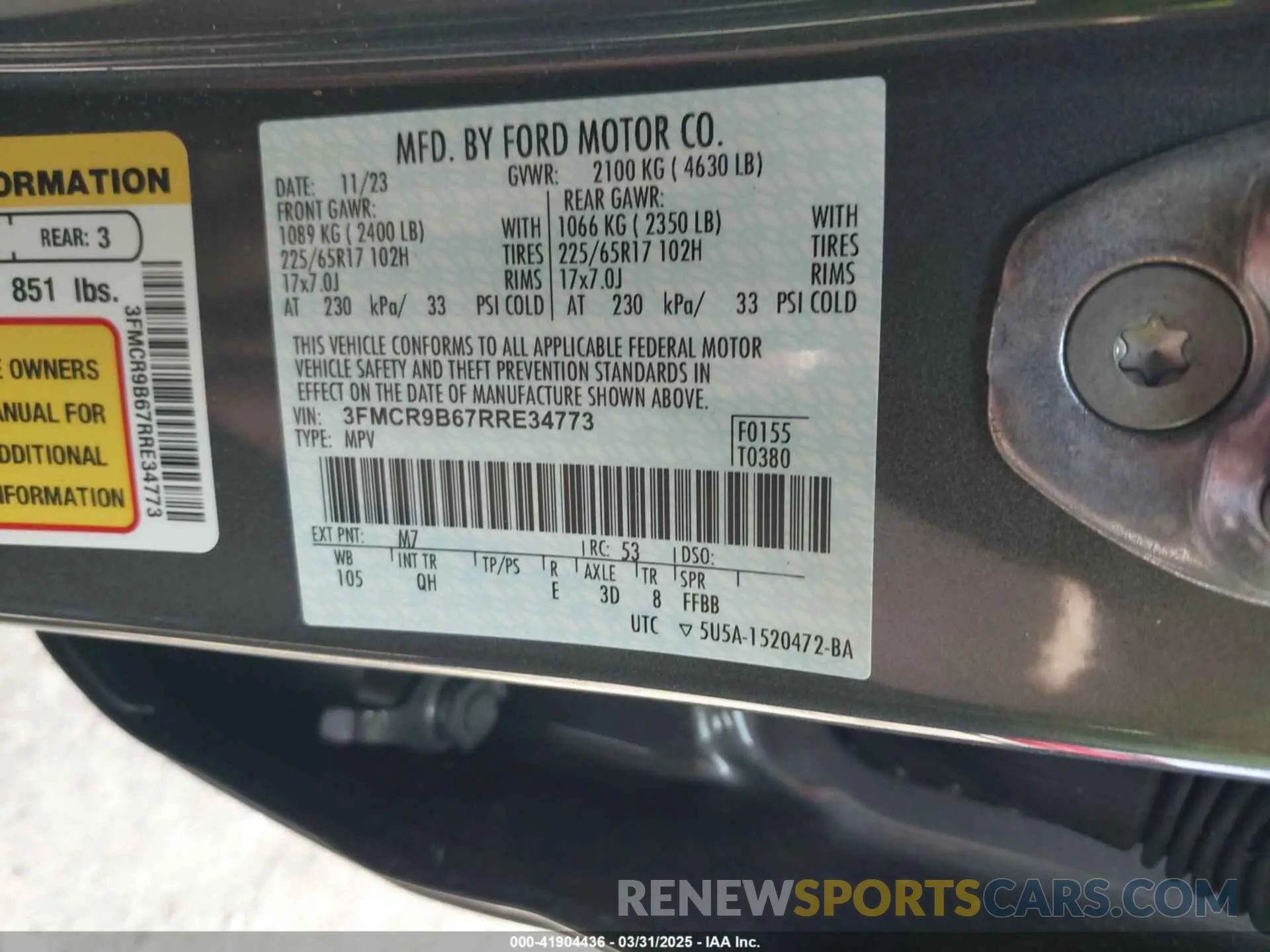 9 fotografías del automóvil dañado 3FMCR9B67RRE34773 FORD BRONCO SPORT 2024