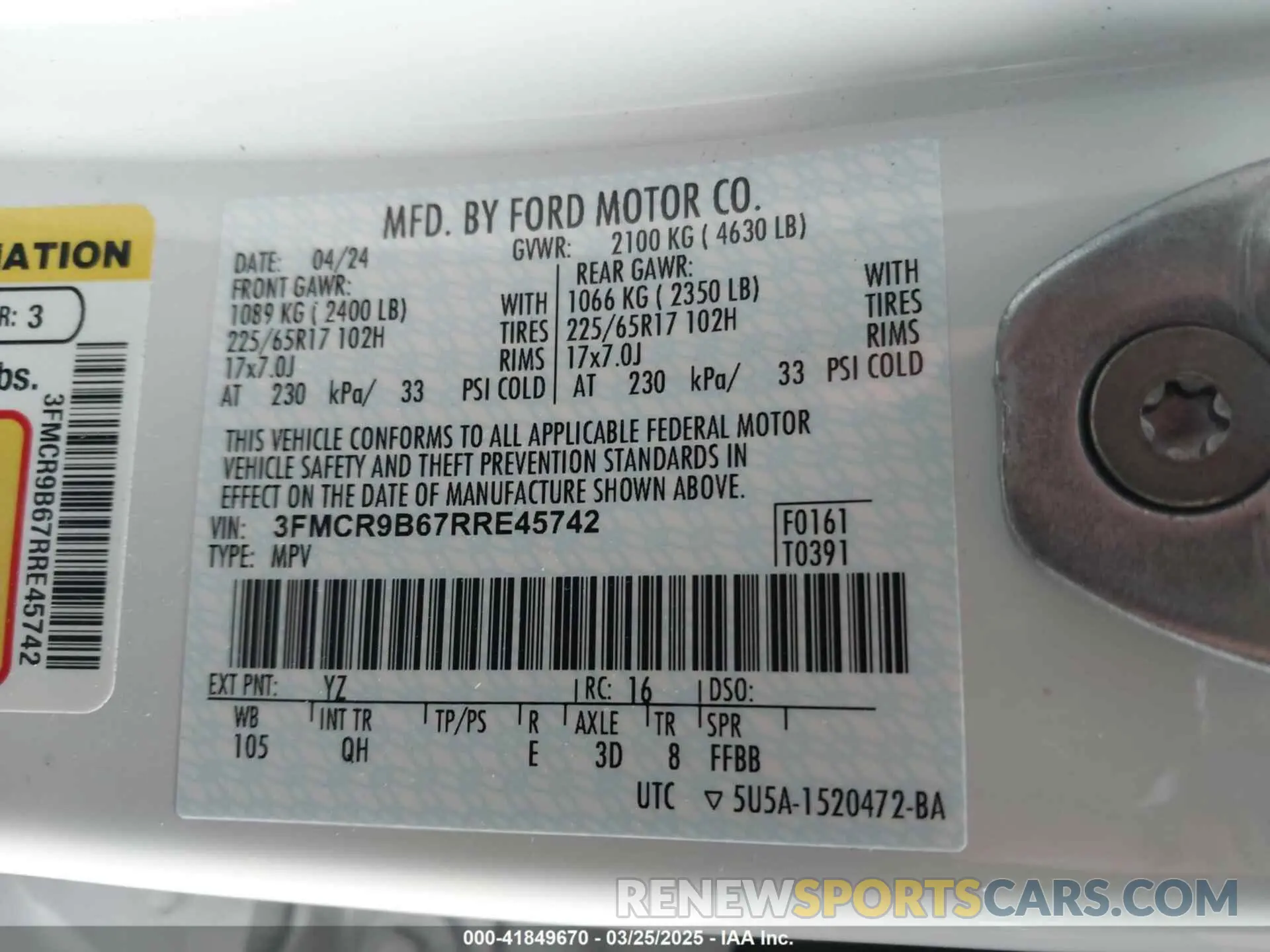 9 fotografías del automóvil dañado 3FMCR9B67RRE45742 FORD BRONCO SPORT 2024