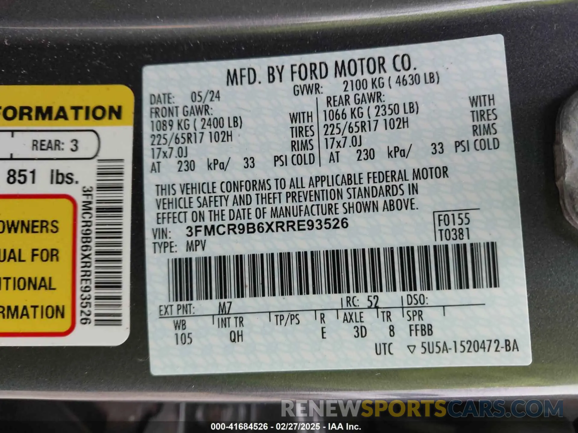 9 fotografías del automóvil dañado 3FMCR9B6XRRE93526 FORD BRONCO SPORT 2024