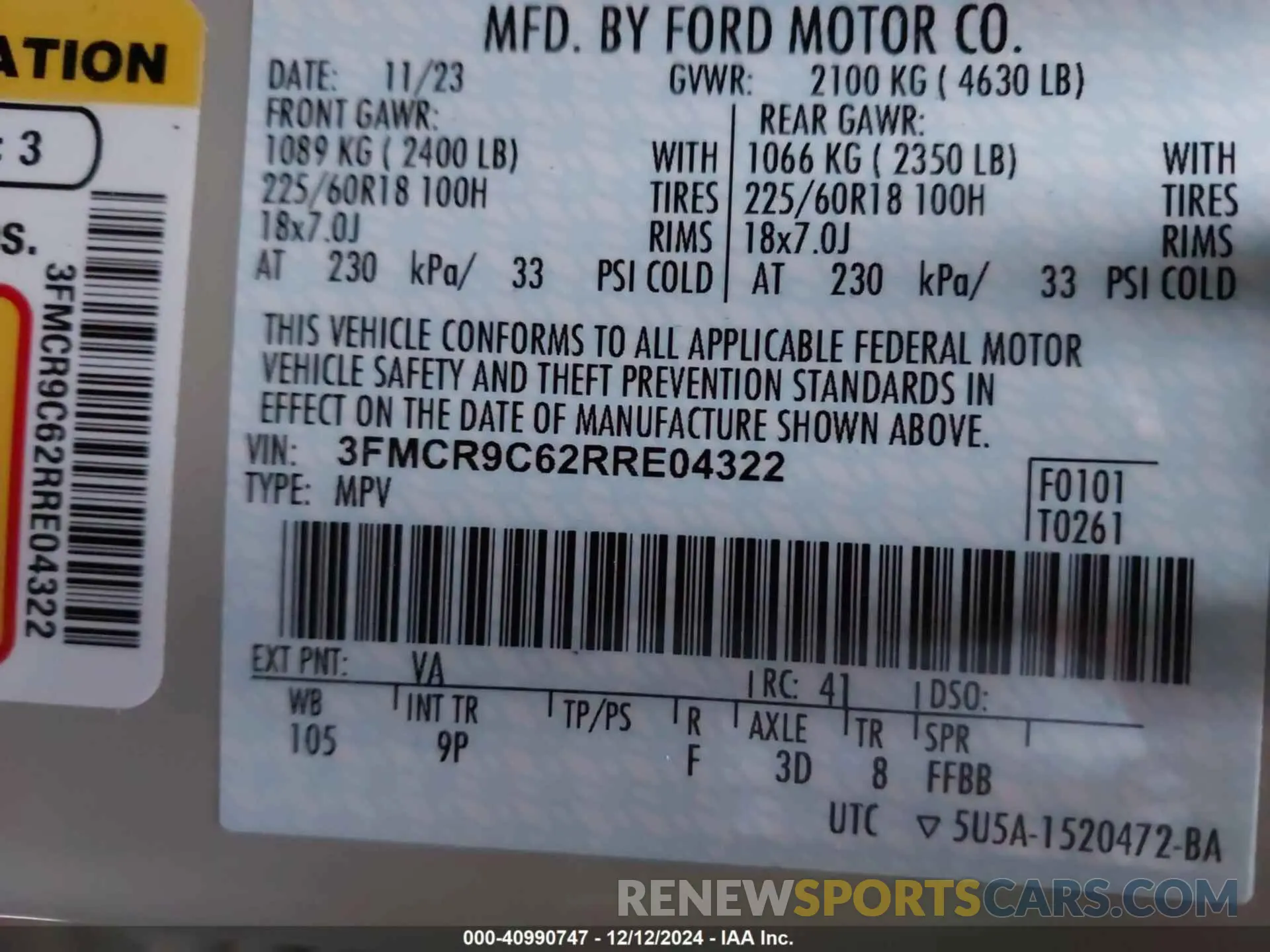 9 fotografías del automóvil dañado 3FMCR9C62RRE04322 FORD BRONCO SPORT 2024