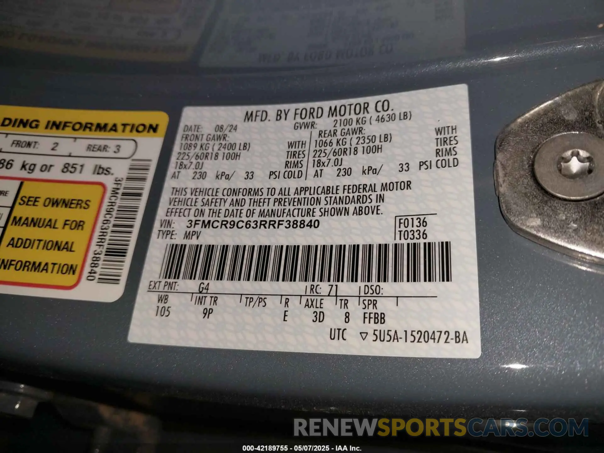 9 fotografías del automóvil dañado 3FMCR9C63RRF38840 FORD BRONCO SPORT 2024