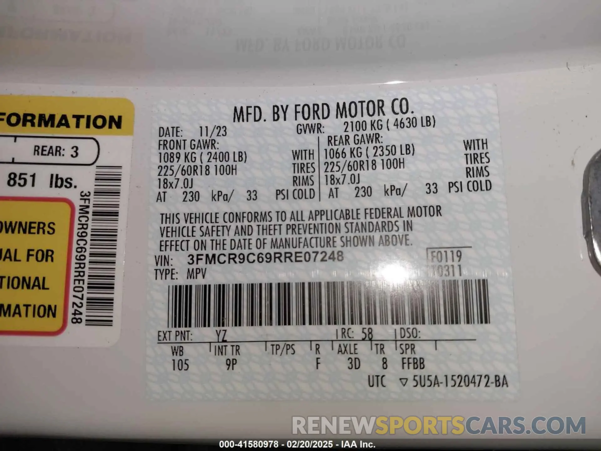 9 fotografías del automóvil dañado 3FMCR9C69RRE07248 FORD BRONCO SPORT 2024