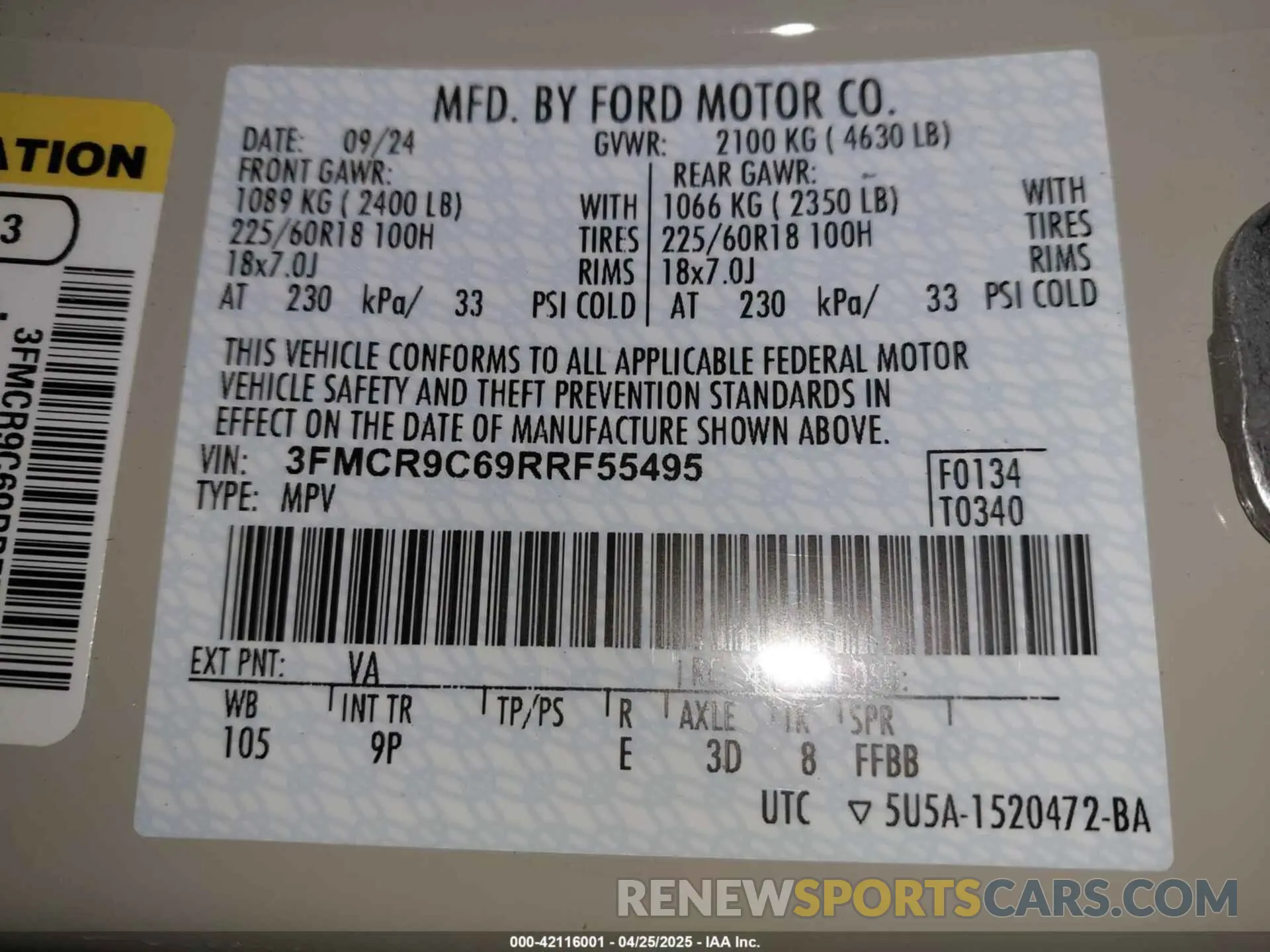 9 fotografías del automóvil dañado 3FMCR9C69RRF55495 FORD BRONCO SPORT 2024