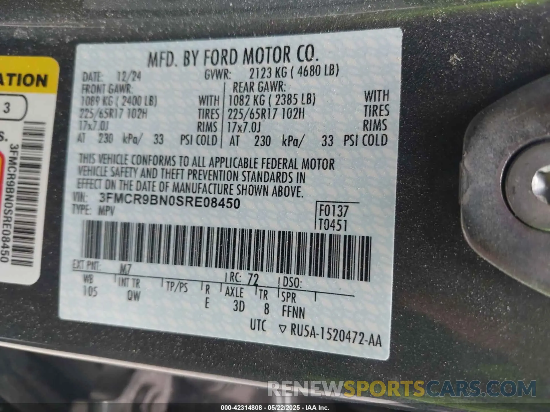 9 fotografías del automóvil dañado 3FMCR9BN0SRE08450 FORD BRONCO SPORT 2025