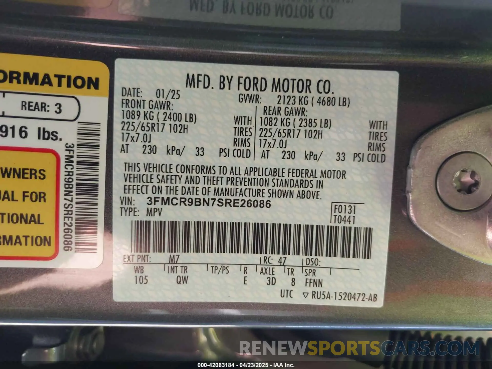 9 fotografías del automóvil dañado 3FMCR9BN7SRE26086 FORD BRONCO SPORT 2025