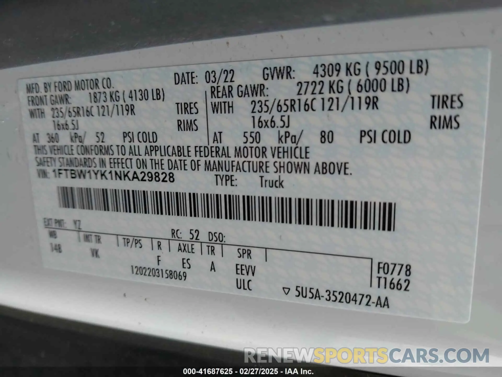 9 fotografías del automóvil dañado 1FTBW1YK1NKA29828 FORD E-TRANSIT-350 2022