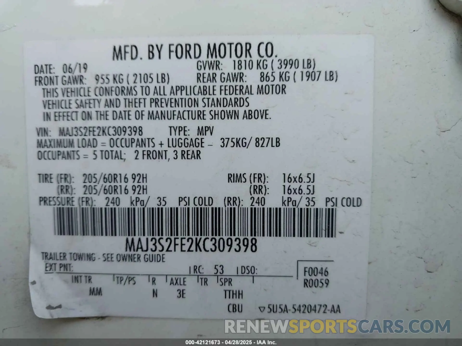 9 fotografías del automóvil dañado MAJ3S2FE2KC309398 FORD ECOSPORT 2019