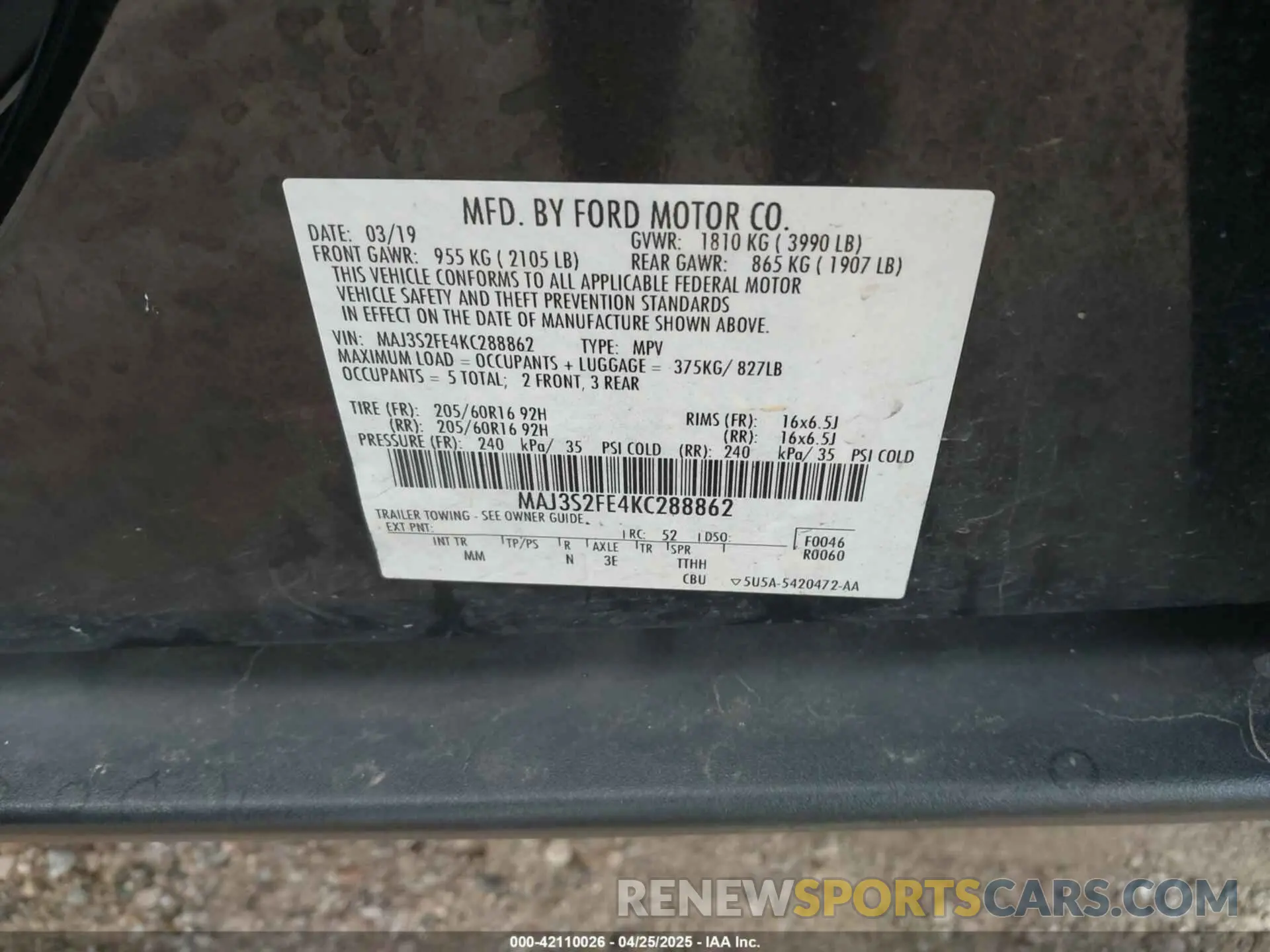 9 fotografías del automóvil dañado MAJ3S2FE4KC288862 FORD ECOSPORT 2019
