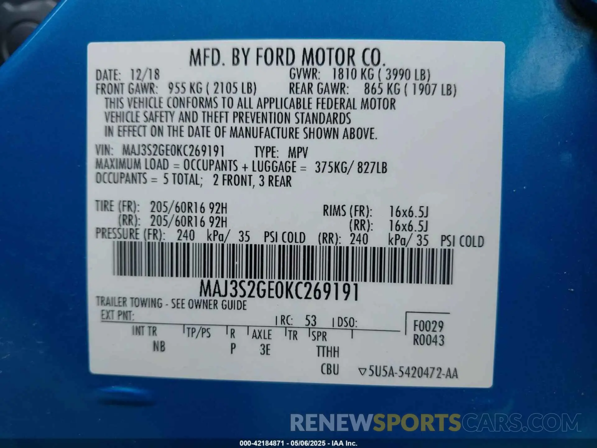 9 fotografías del automóvil dañado MAJ3S2GE0KC269191 FORD ECOSPORT 2019