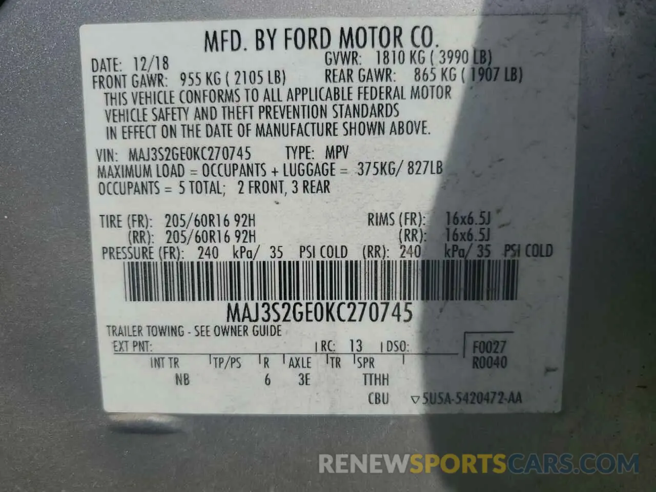 14 fotografías del automóvil dañado MAJ3S2GE0KC270745 FORD ECOSPORT 2019