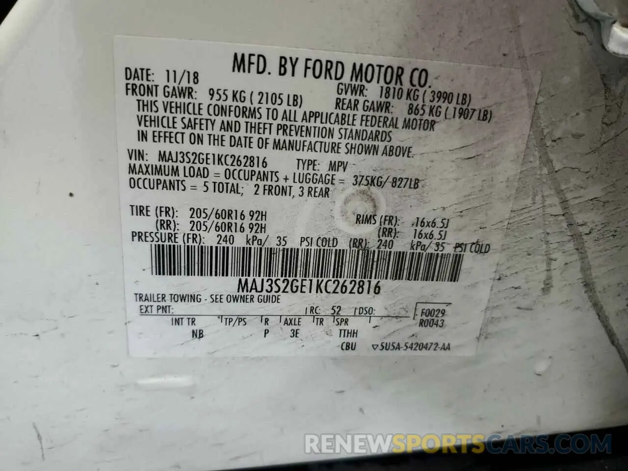 13 fotografías del automóvil dañado MAJ3S2GE1KC262816 FORD ECOSPORT 2019