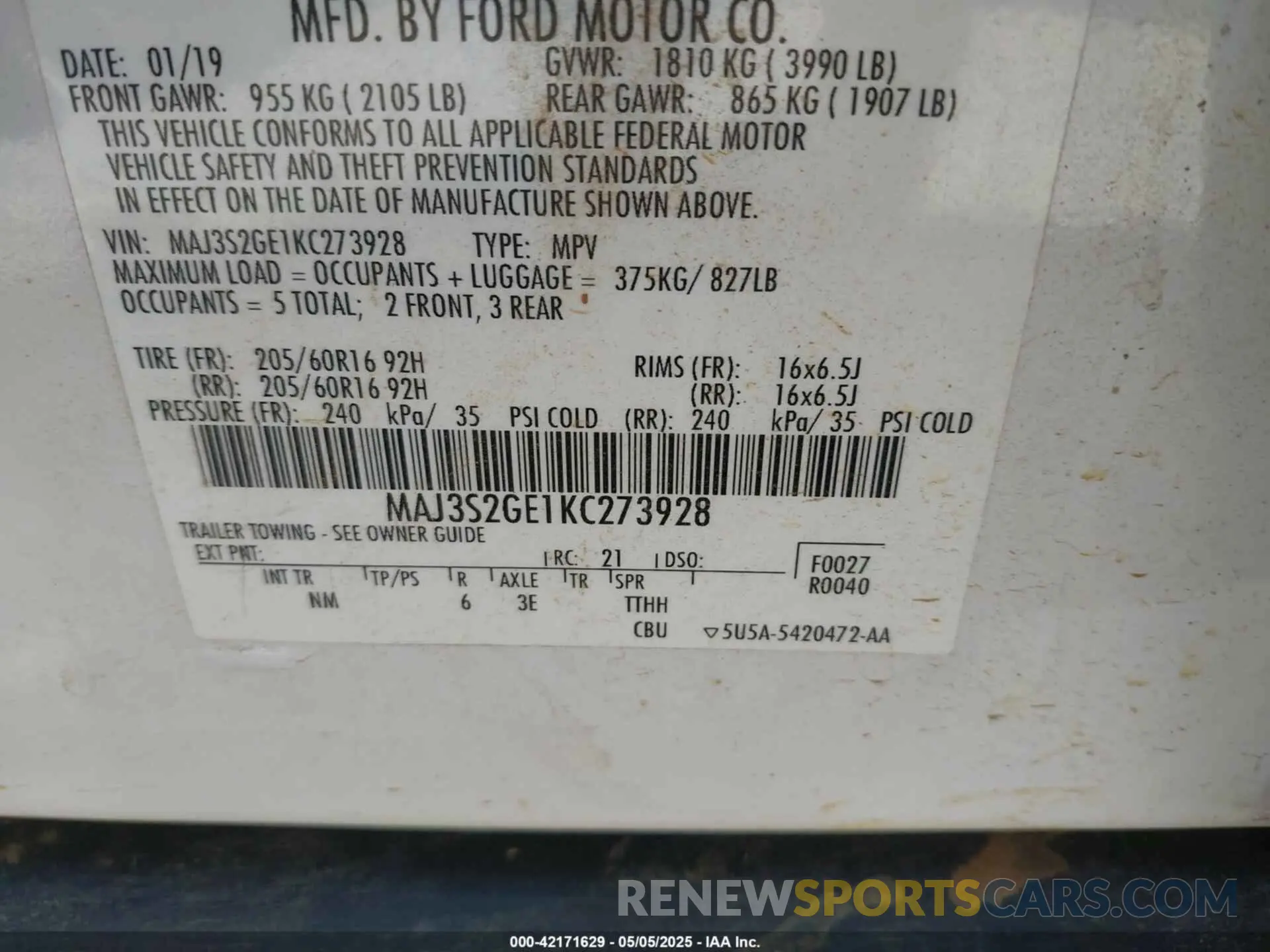 9 fotografías del automóvil dañado MAJ3S2GE1KC273928 FORD ECOSPORT 2019