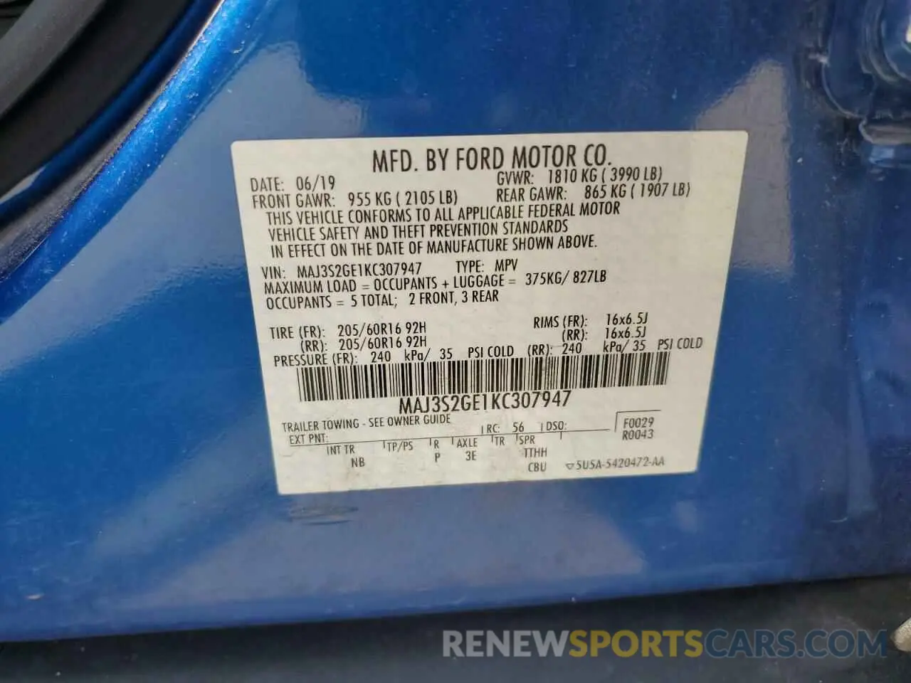 14 fotografías del automóvil dañado MAJ3S2GE1KC307947 FORD ECOSPORT 2019