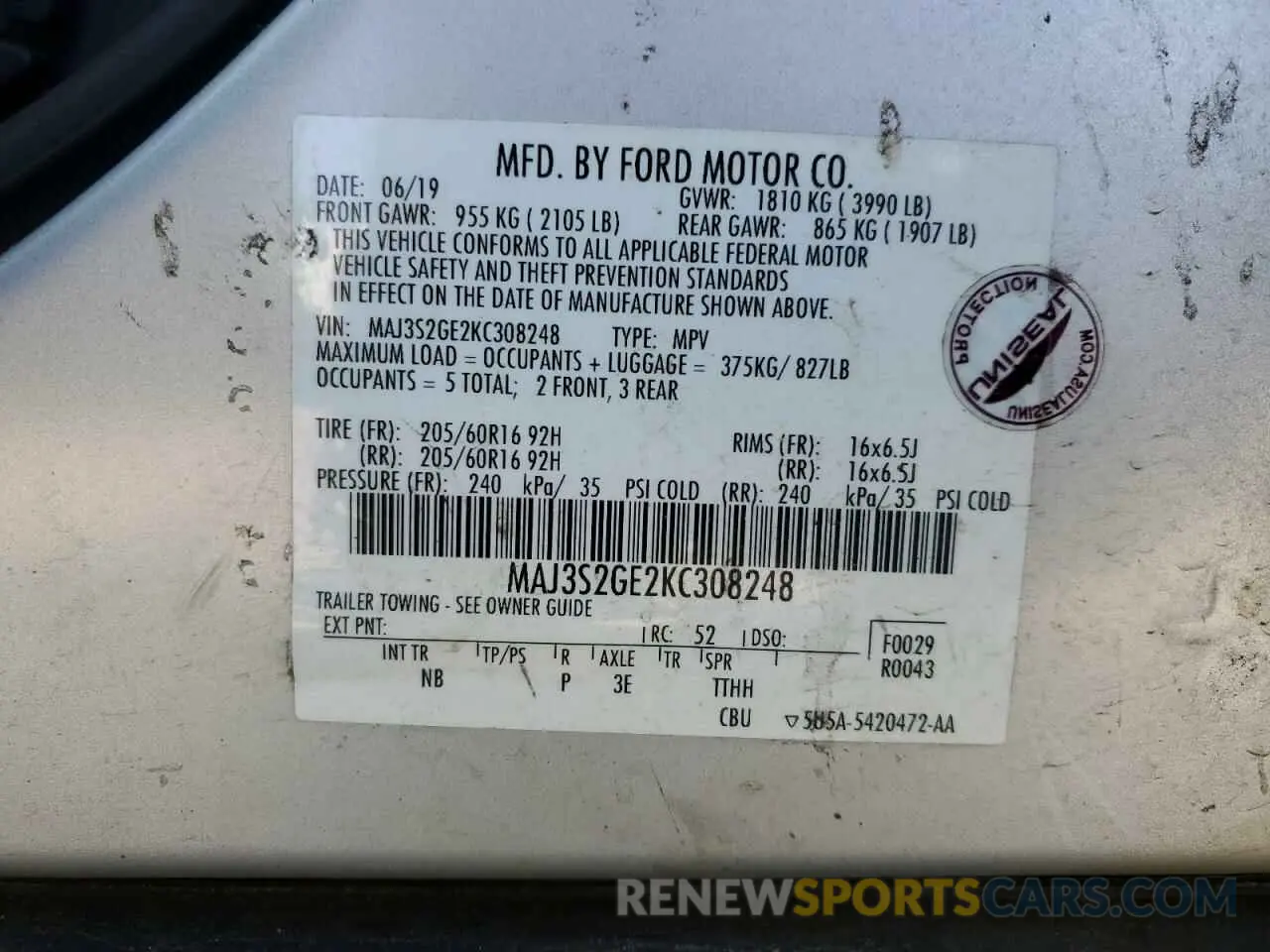 13 fotografías del automóvil dañado MAJ3S2GE2KC308248 FORD ECOSPORT 2019