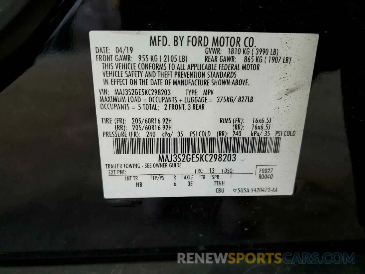 13 fotografías del automóvil dañado MAJ3S2GE5KC298203 FORD ECOSPORT 2019