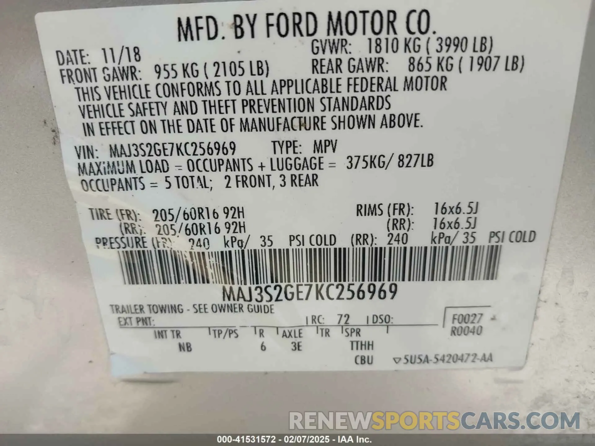 9 fotografías del automóvil dañado MAJ3S2GE7KC256969 FORD ECOSPORT 2019