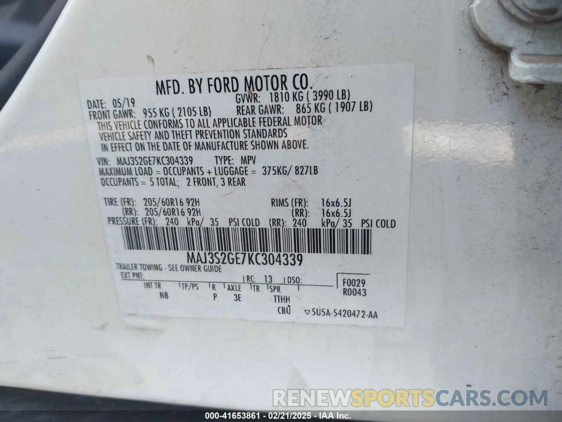 9 fotografías del automóvil dañado MAJ3S2GE7KC304339 FORD ECOSPORT 2019