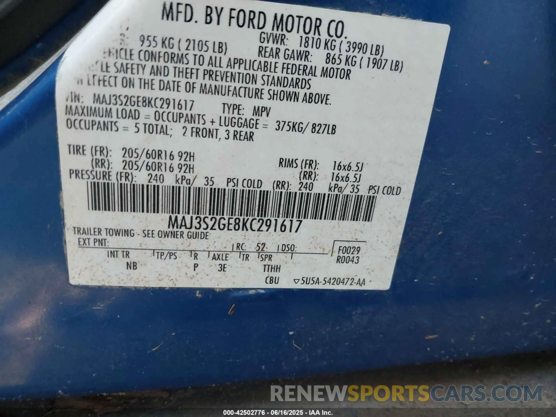 9 fotografías del automóvil dañado MAJ3S2GE8KC291617 FORD ECOSPORT 2019