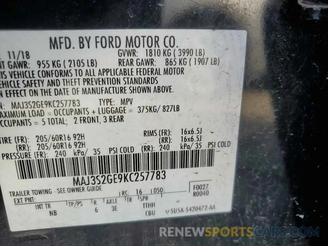 13 fotografías del automóvil dañado MAJ3S2GE9KC257783 FORD ECOSPORT 2019