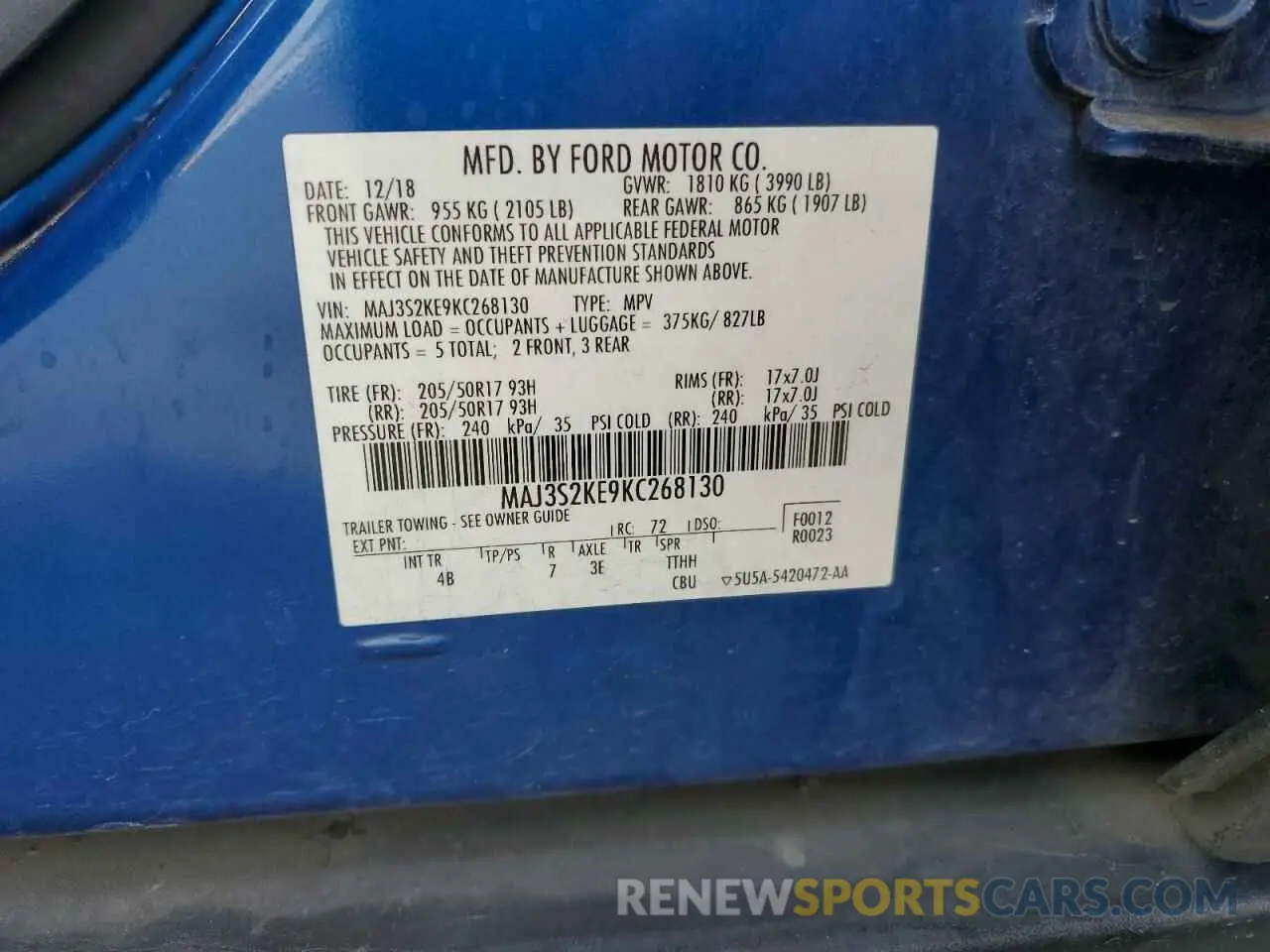 13 fotografías del automóvil dañado MAJ3S2KE9KC268130 FORD ECOSPORT 2019