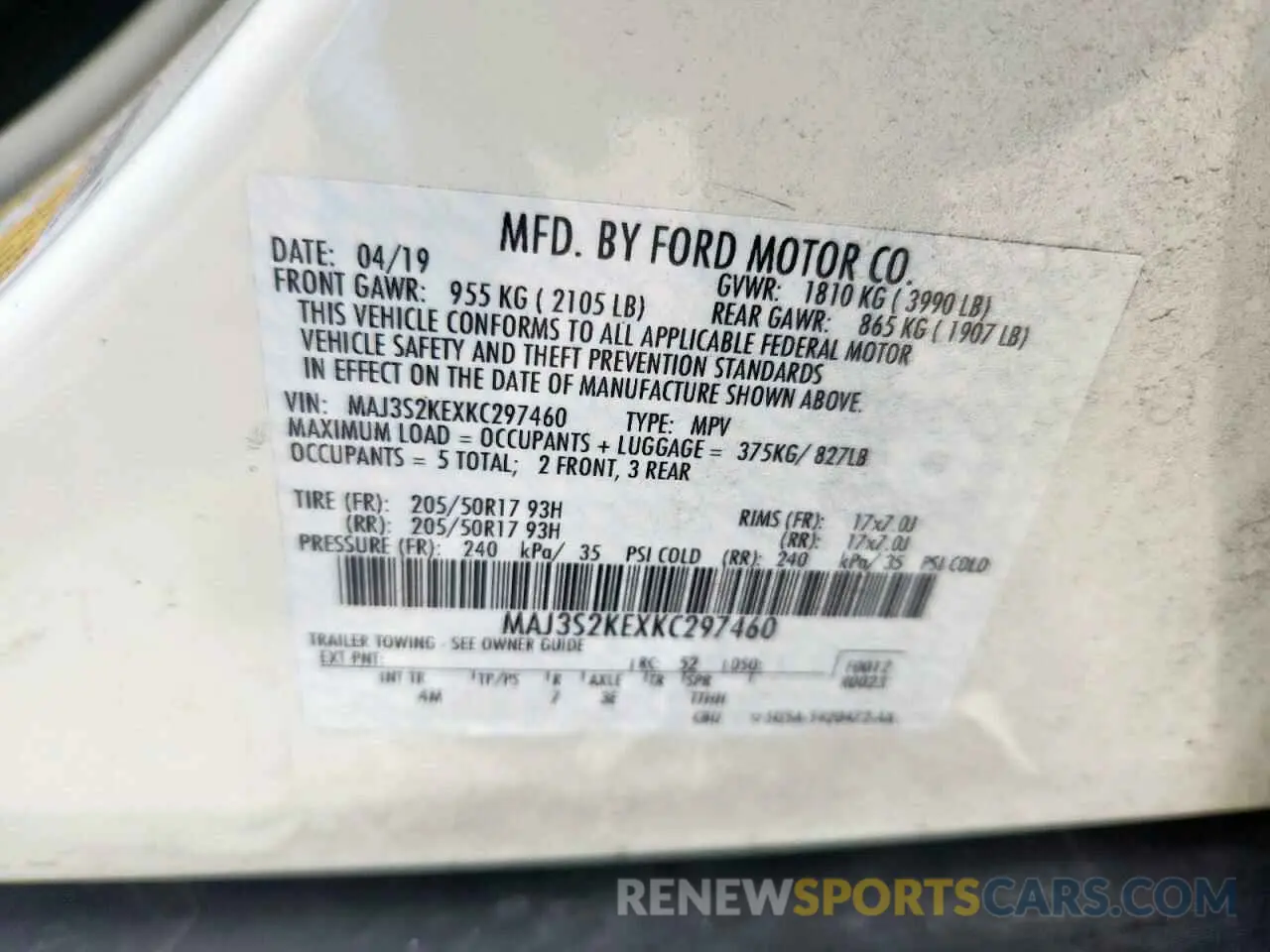 13 fotografías del automóvil dañado MAJ3S2KEXKC297460 FORD ECOSPORT 2019