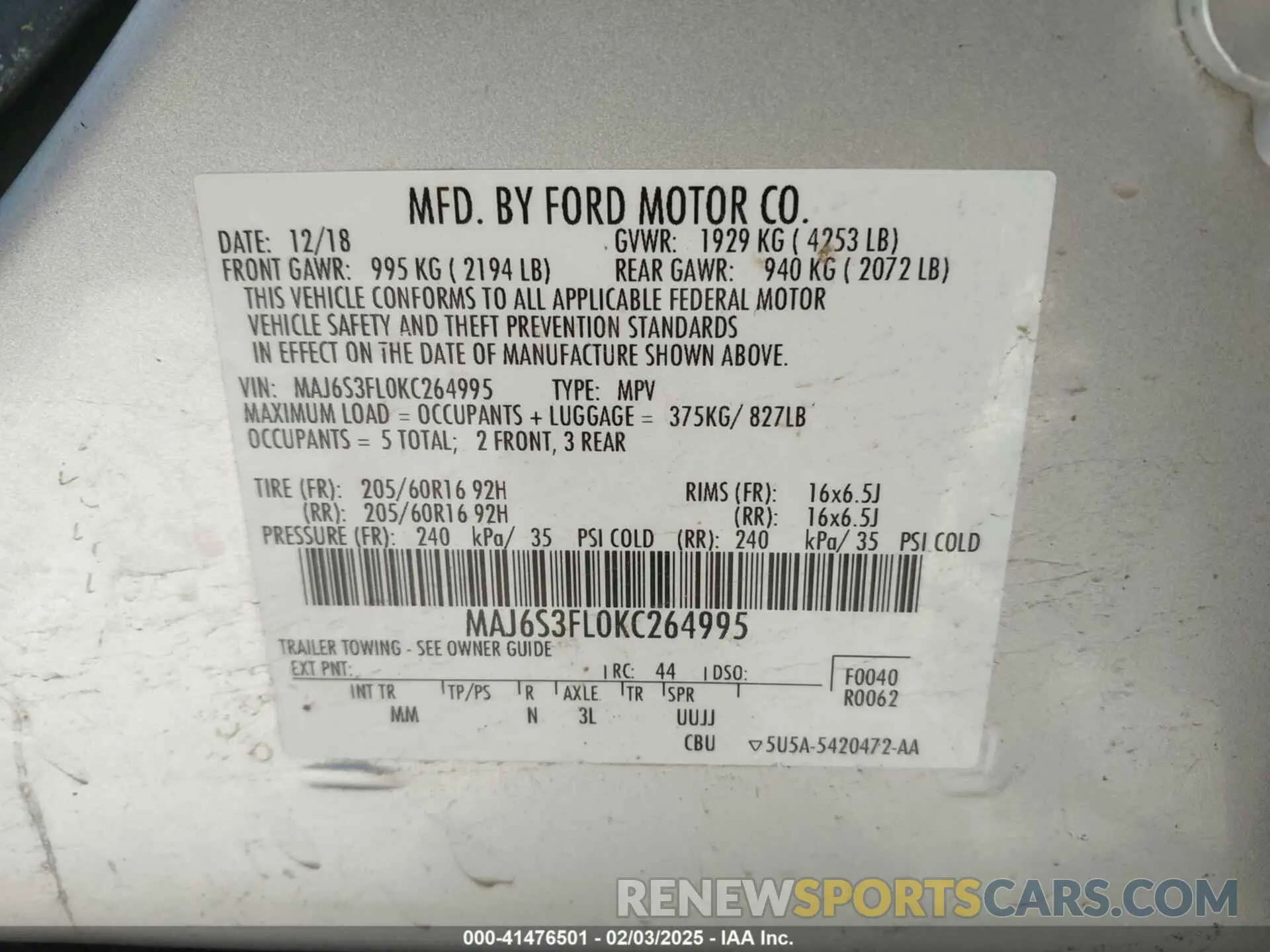 9 fotografías del automóvil dañado MAJ6S3FL0KC264995 FORD ECOSPORT 2019