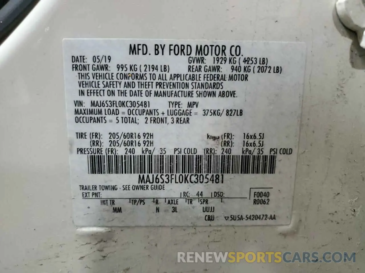 13 fotografías del automóvil dañado MAJ6S3FL0KC305481 FORD ECOSPORT 2019