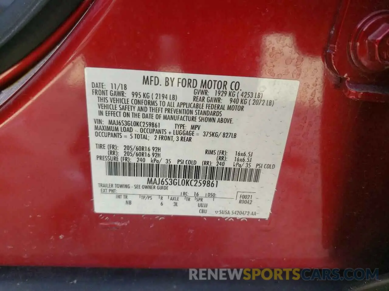 13 fotografías del automóvil dañado MAJ6S3GL0KC259861 FORD ECOSPORT 2019