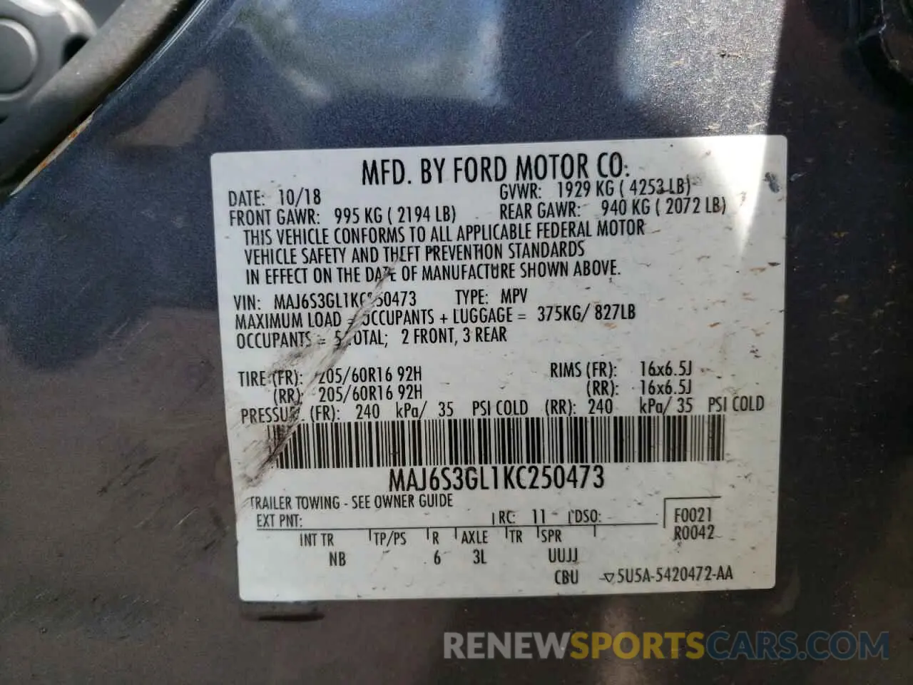 13 fotografías del automóvil dañado MAJ6S3GL1KC250473 FORD ECOSPORT 2019