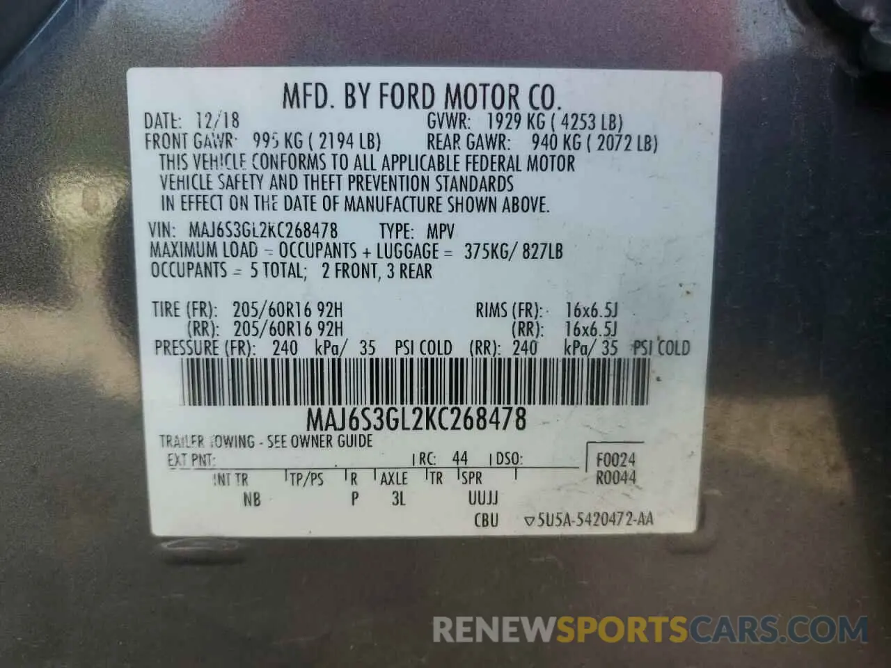 15 fotografías del automóvil dañado MAJ6S3GL2KC268478 FORD ECOSPORT 2019