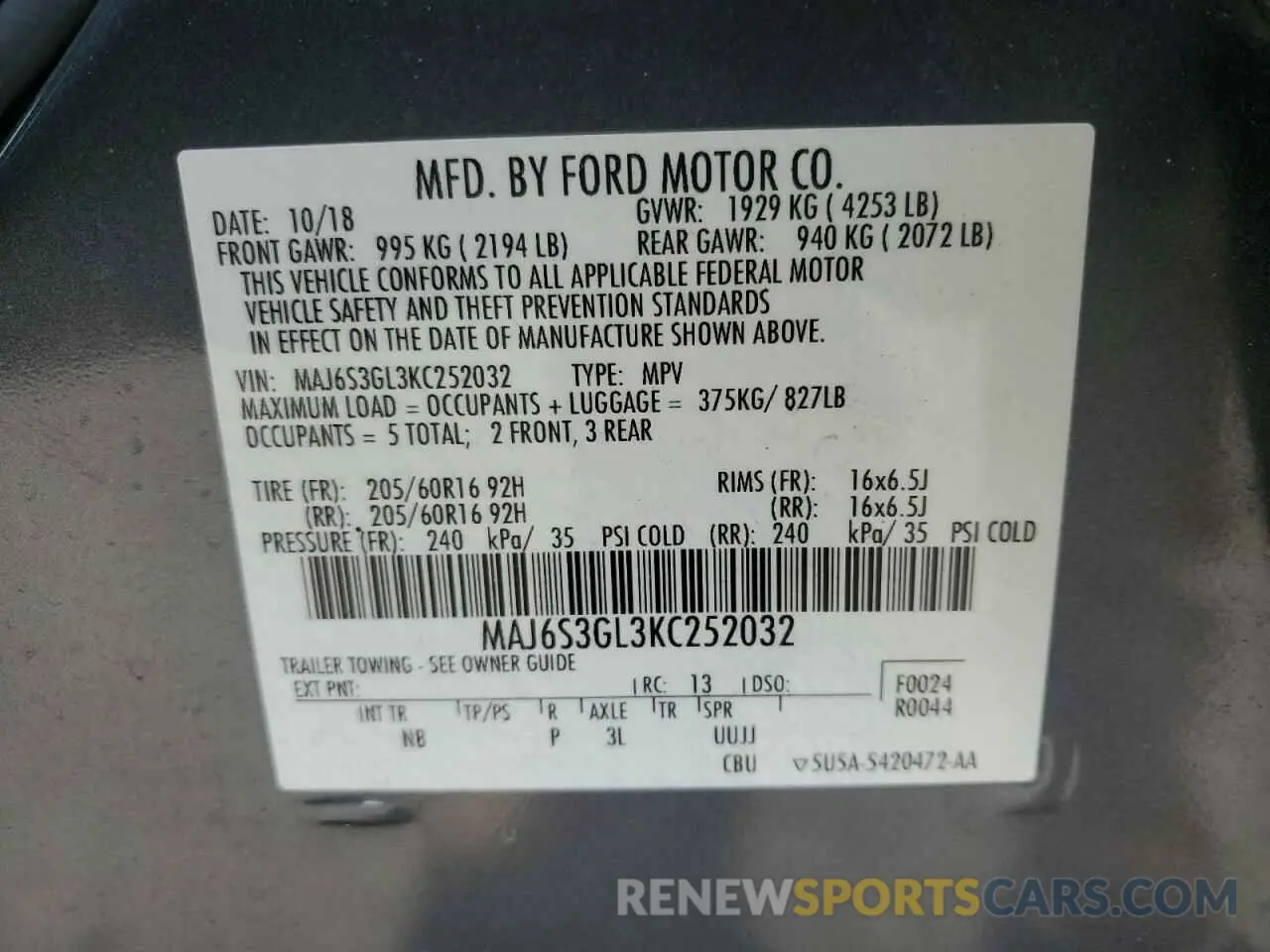13 fotografías del automóvil dañado MAJ6S3GL3KC252032 FORD ECOSPORT 2019