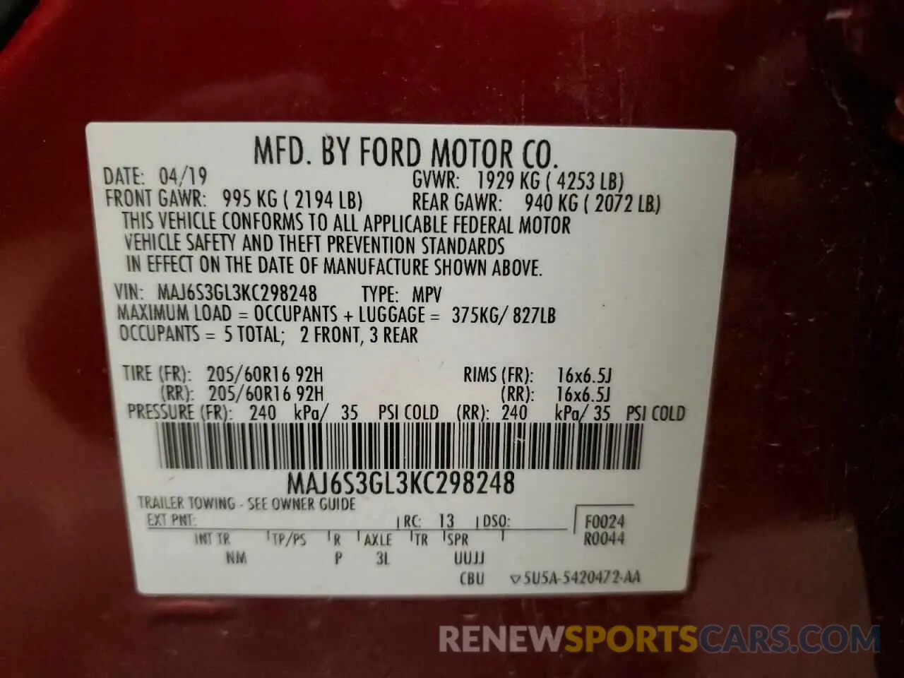 12 fotografías del automóvil dañado MAJ6S3GL3KC298248 FORD ECOSPORT 2019