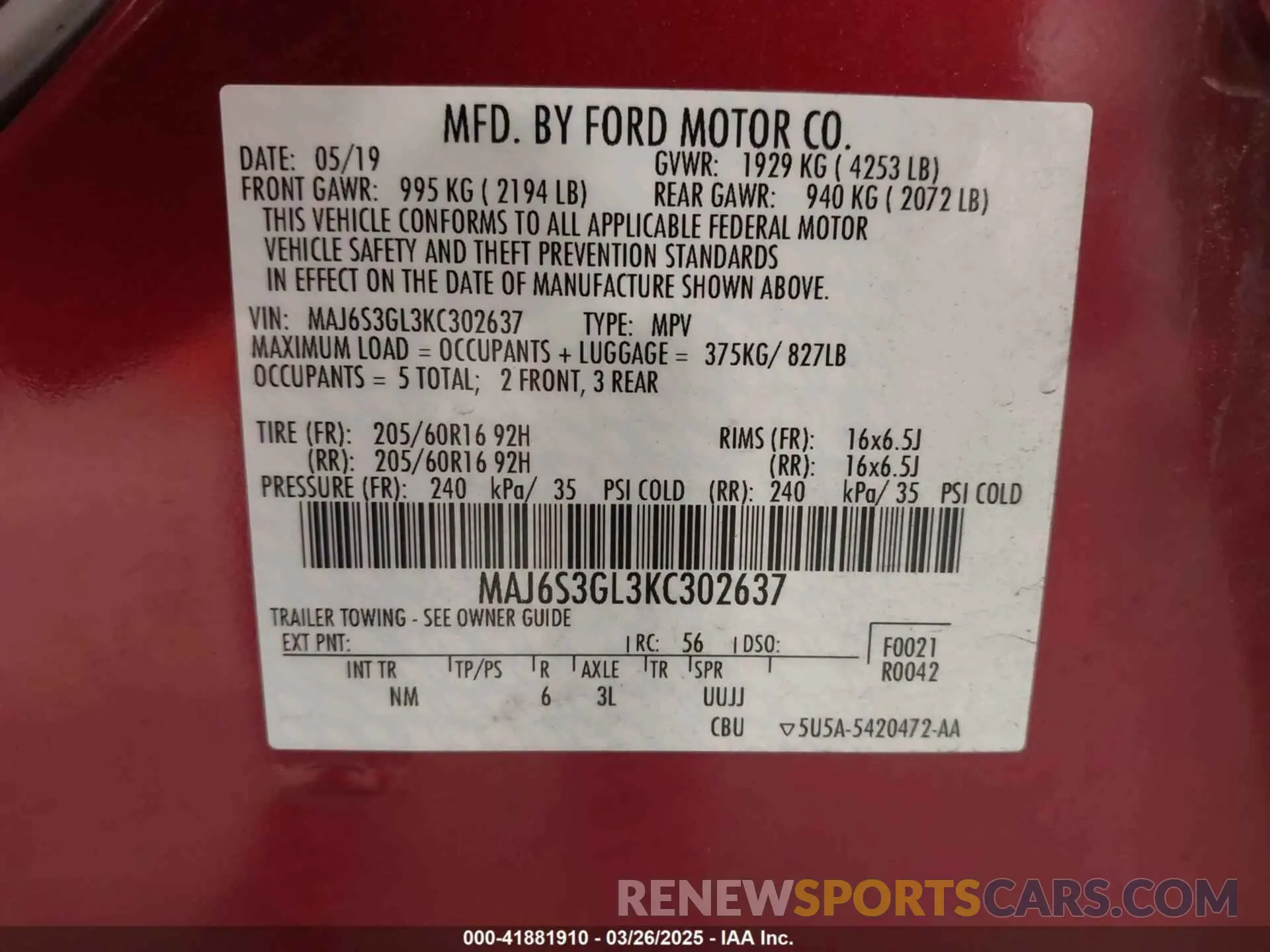 9 fotografías del automóvil dañado MAJ6S3GL3KC302637 FORD ECOSPORT 2019