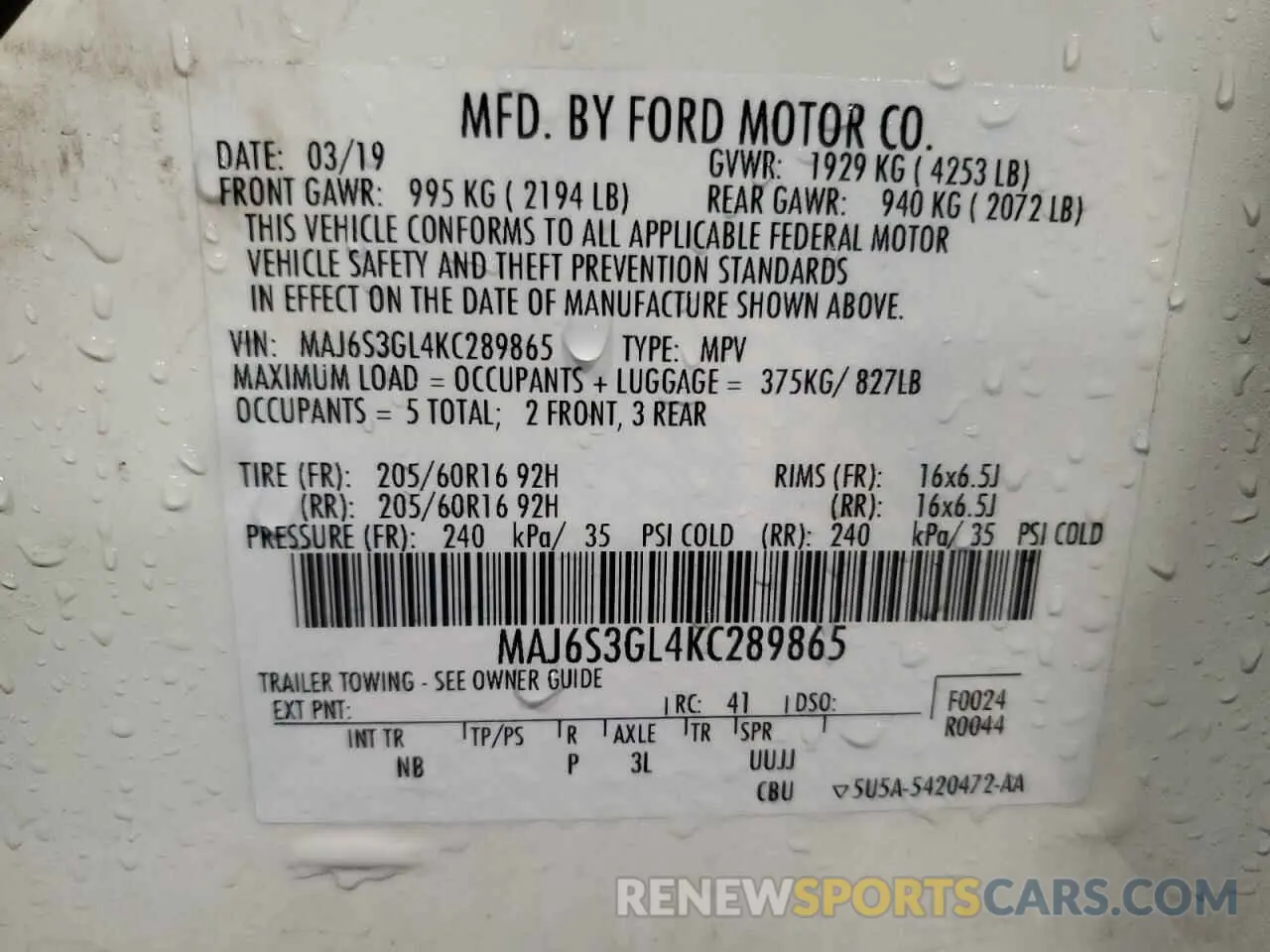13 fotografías del automóvil dañado MAJ6S3GL4KC289865 FORD ECOSPORT 2019